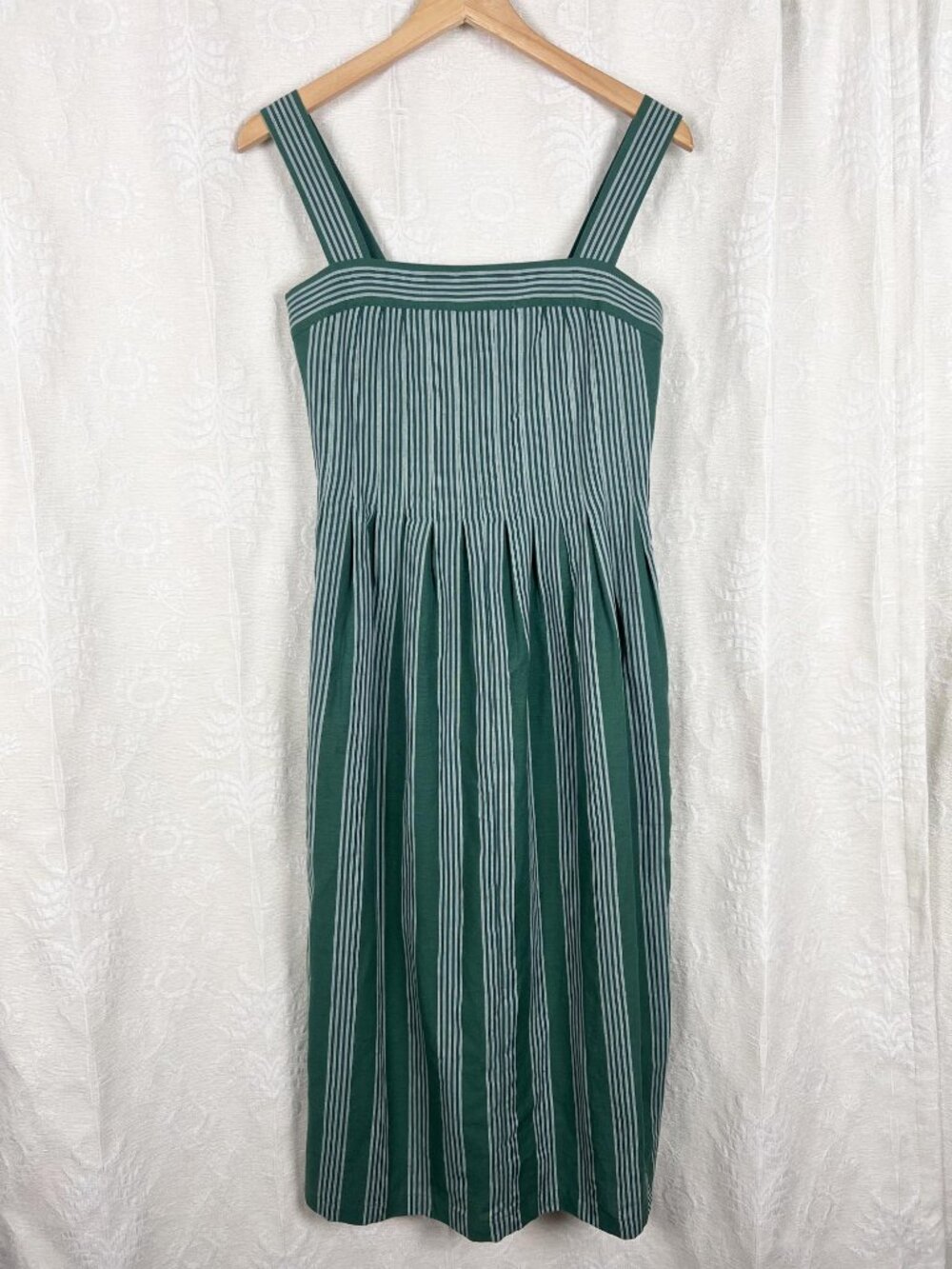 Payal Pratap green stripe linen midi sundress wide strap square neck cottagecore